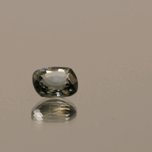 Greenish grey cushion-shaped Burma spinel gemstone, 1.02 carat, 6.54 × 5.59 × 3.29 mm, no treatment, Burma origin, GFCO certified.