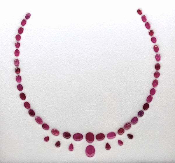 Red Ruby Necklace Set with 45 natural rubies totaling 44 carats in oval and pear cuts