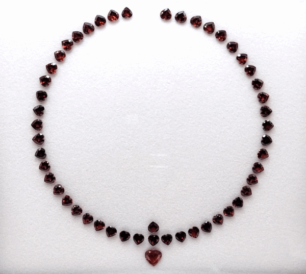 Red Garnet Necklace Set with 51 natural garnets totaling 50 carats in heart cut