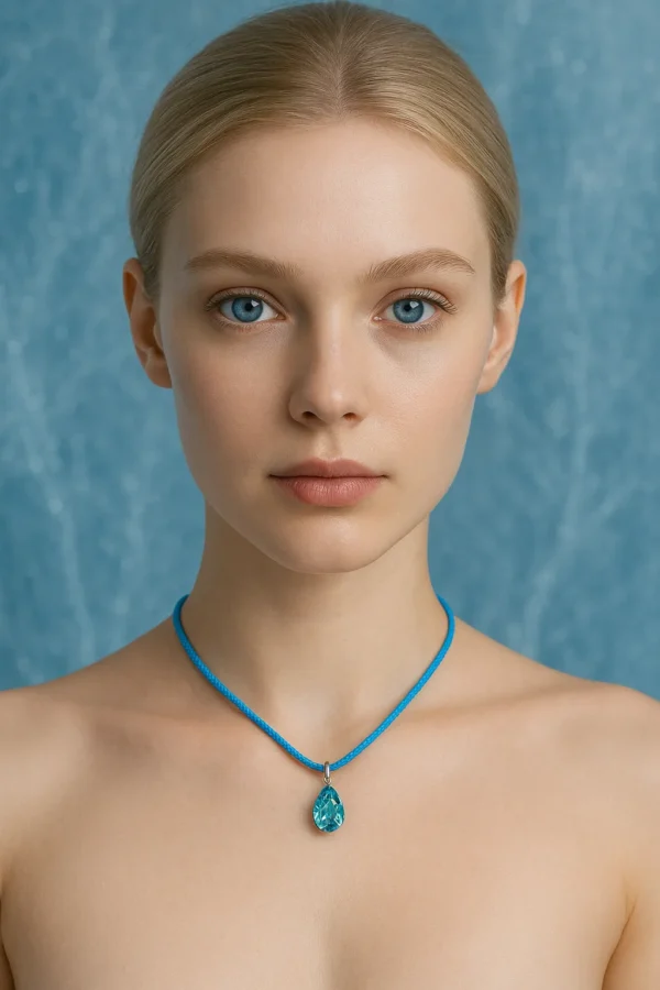 girl with neon blue zircon pendant